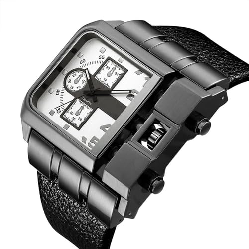 Reginald Hip hop 53MM Men's Large Face Watch for Men Square Novel Face Dial Stainless Steel Quartz Leather Strap Watches (red) (White) - Image 4