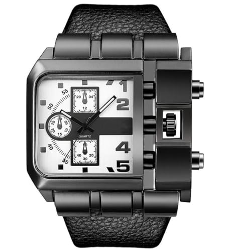Reginald Hip hop 53MM Men's Large Face Watch for Men Square Novel Face Dial Stainless Steel Quartz Leather Strap Watches (red) (White) - Image 1