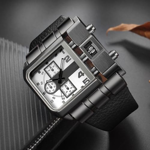 Reginald Hip hop 53MM Men's Large Face Watch for Men Square Novel Face Dial Stainless Steel Quartz Leather Strap Watches (red) (White) - Image 3