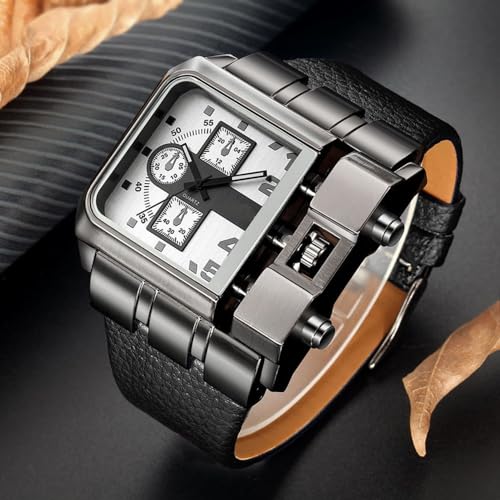 Reginald Hip hop 53MM Men's Large Face Watch for Men Square Novel Face Dial Stainless Steel Quartz Leather Strap Watches (red) (White) - Image 2