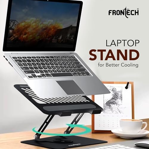 FRONTECH Laptop Stand, Carbon Steel, 360° Rotatable Base, Stepless Height Adjustment, Anti-Slip Silicone, Enhanced Air Circulation, Fits Laptops Up to 17", Black, (CP-0009) - Image 2