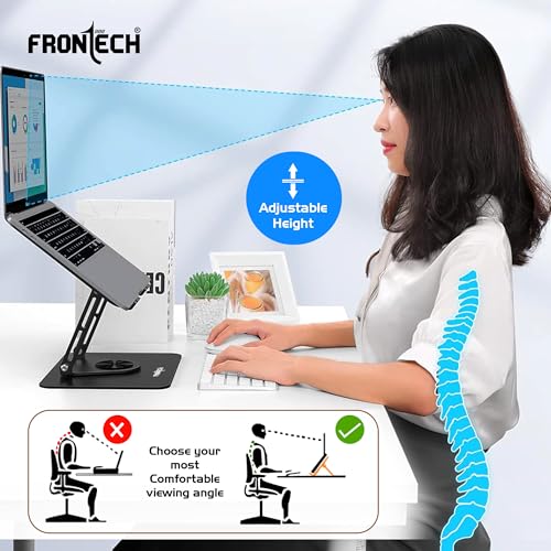 FRONTECH Laptop Stand, Carbon Steel, 360° Rotatable Base, Stepless Height Adjustment, Anti-Slip Silicone, Enhanced Air Circulation, Fits Laptops Up to 17", Black, (CP-0009) - Image 4