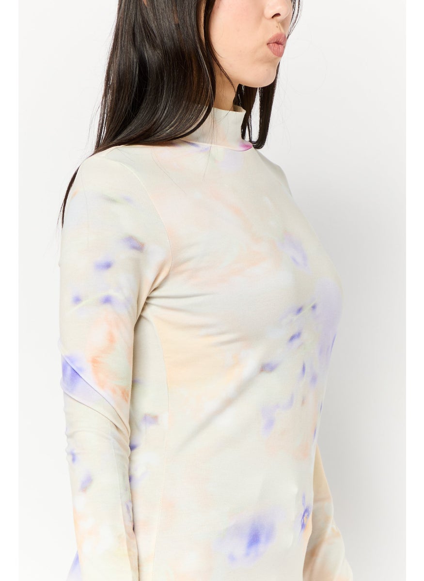 Scotch & Soda Women Mock Neck Long Sleeve Tie Dye T-Shirt, Multicolor  - Image 3