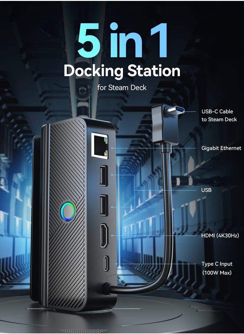 Generic - Steam Deck Docking Station with LED Light, 5,in,1 Hub with Gigabit Ethernet, HDMI 2.0 4K 60Hz, 2 USB,A 3.1 Ports, 100W Fast Charging for Accessories - Image 1