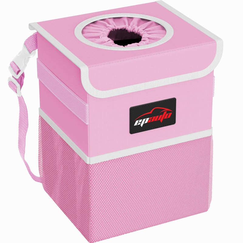 EPAUTO Waterproof Car Trash Can with Lid and Storage Pockets, Pink