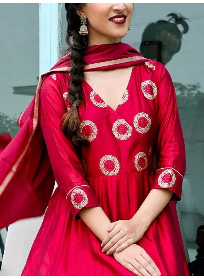 أيه كيه إس Red & Gold Woven Design Anarkali & Pant With Dupatta Set