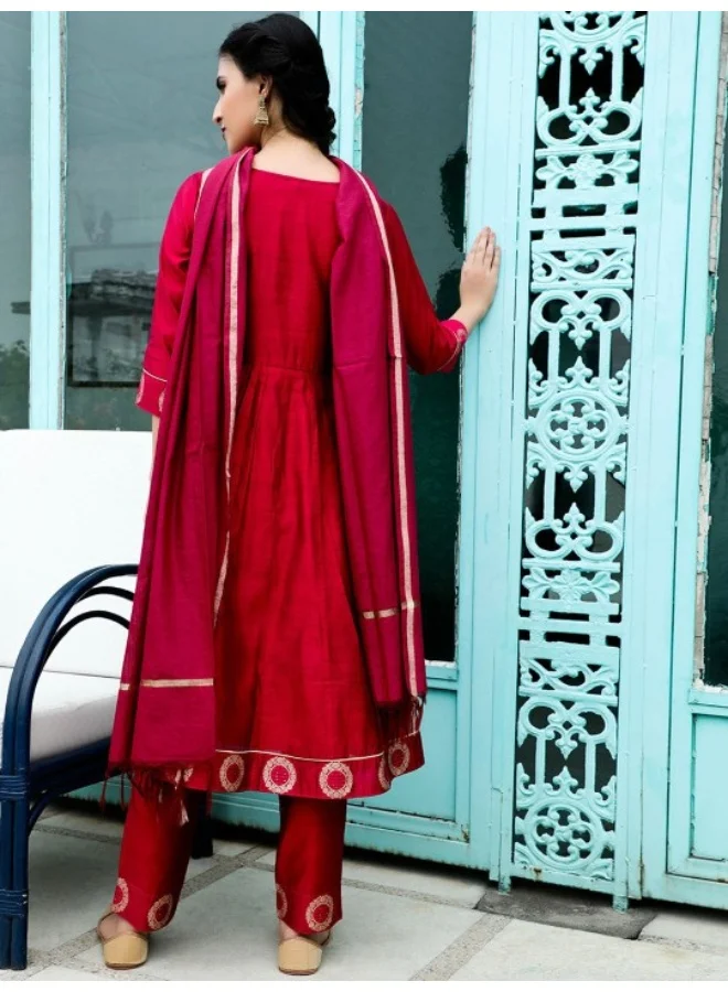AKS Red & Gold Woven Design Anarkali & Pant With Dupatta Set