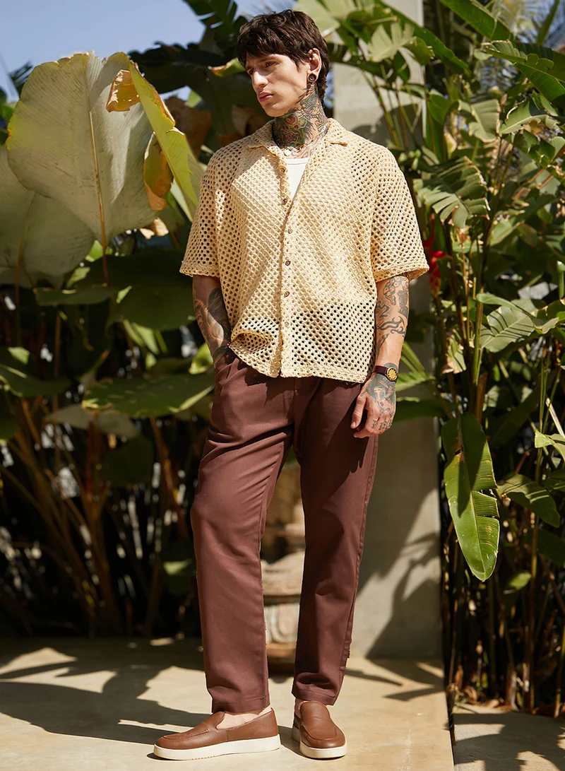 Campus Sutra Campus Sutra Men's Buff Beige Open-Knit Resort Oversized Shirt For Casual Wear | Cuban Collar | Short Regular Sleeves | Button Closure | Oversized Shirt Crafted With Comfort Fit For Everyday Wear