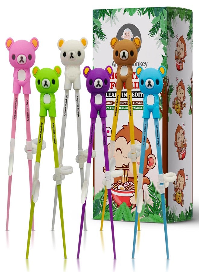 Albino monkey Kids Chopsticks For Beginners - Learning Edition - 6 Pairs + 6 Chopstick Helpers - Cute Bear Training Chopsticks, Dishwasher Safe - Image 1