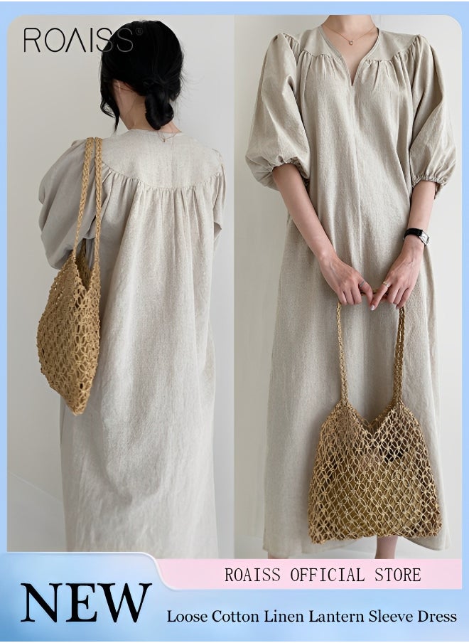 roaiss - Women's Cotton And Linen Lantern Sleeved Casual Dress 1/2 Sleeve V-Neck Fashionable Loose Fitting Dress - Image 1