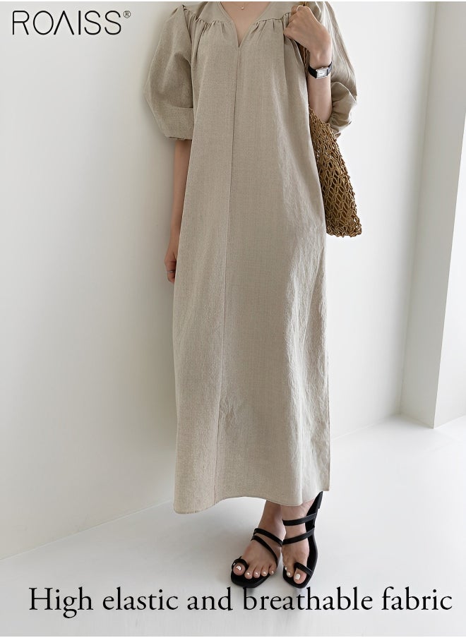 roaiss - Women's Cotton And Linen Lantern Sleeved Casual Dress 1/2 Sleeve V-Neck Fashionable Loose Fitting Dress - Image 1