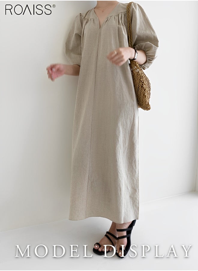roaiss - Women's Cotton And Linen Lantern Sleeved Casual Dress 1/2 Sleeve V-Neck Fashionable Loose Fitting Dress - Image 1