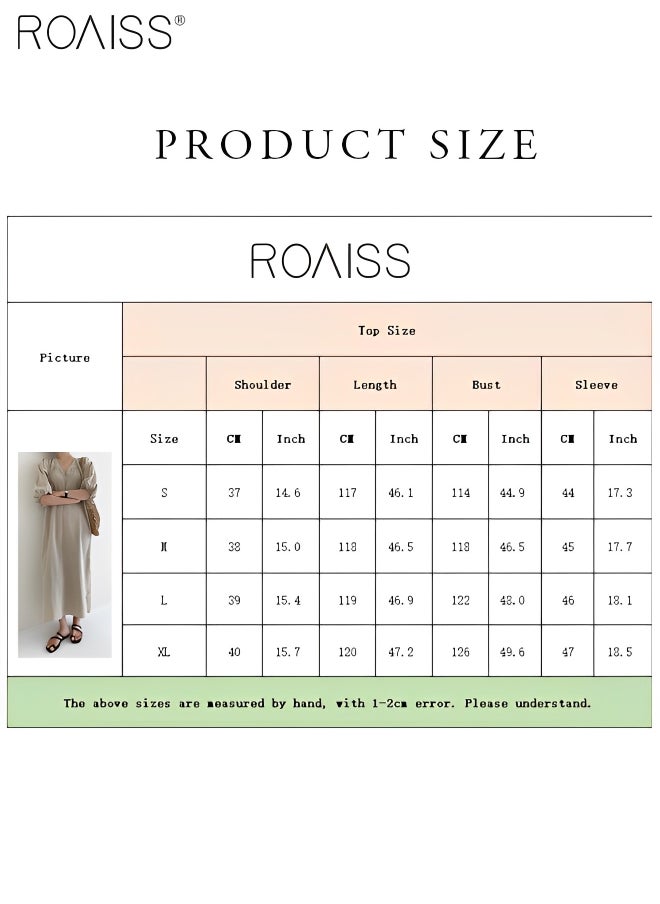 roaiss - Women's Cotton And Linen Lantern Sleeved Casual Dress 1/2 Sleeve V-Neck Fashionable Loose Fitting Dress - Image 1