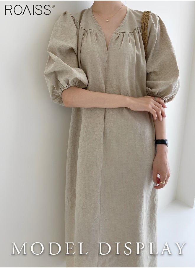 roaiss - Women's Cotton And Linen Lantern Sleeved Casual Dress 1/2 Sleeve V-Neck Fashionable Loose Fitting Dress - Image 1