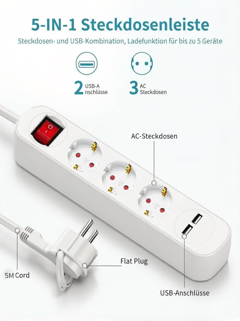 realmade 5-in-1 Power Strip with 3 AC Sockets & 2 USB-A, 5 m Cable, Flat Plug, Overload Protection, Wall Mounting, Multiple Plug for Home, Office & Travel Compatible - Image 4
