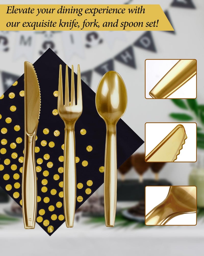Lzerking 350 Pieces Party Supplies  Black and Gold Party Plates Cups and Napkins Sets with Plastic Knives forks spoons  Disposable Tableware Serves 50 Sets for Wedding  Birthday  Graduation  Festivals - Image 4