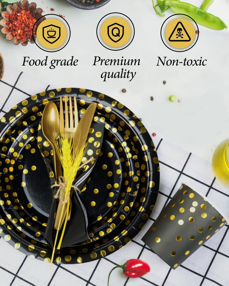Lzerking 350 Pieces Party Supplies  Black and Gold Party Plates Cups and Napkins Sets with Plastic Knives forks spoons  Disposable Tableware Serves 50 Sets for Wedding  Birthday  Graduation  Festivals - Image 3