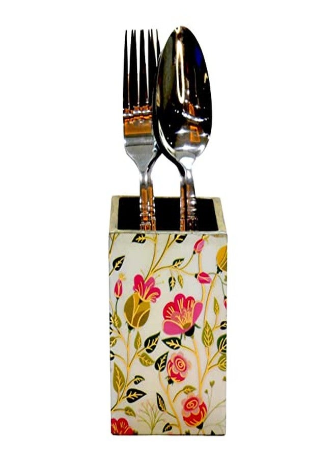 Tranquil Square Handcrafted Premium Finish Pistacio Flowers One Rack Dinning Essentials Cutlery Stand - Image 1