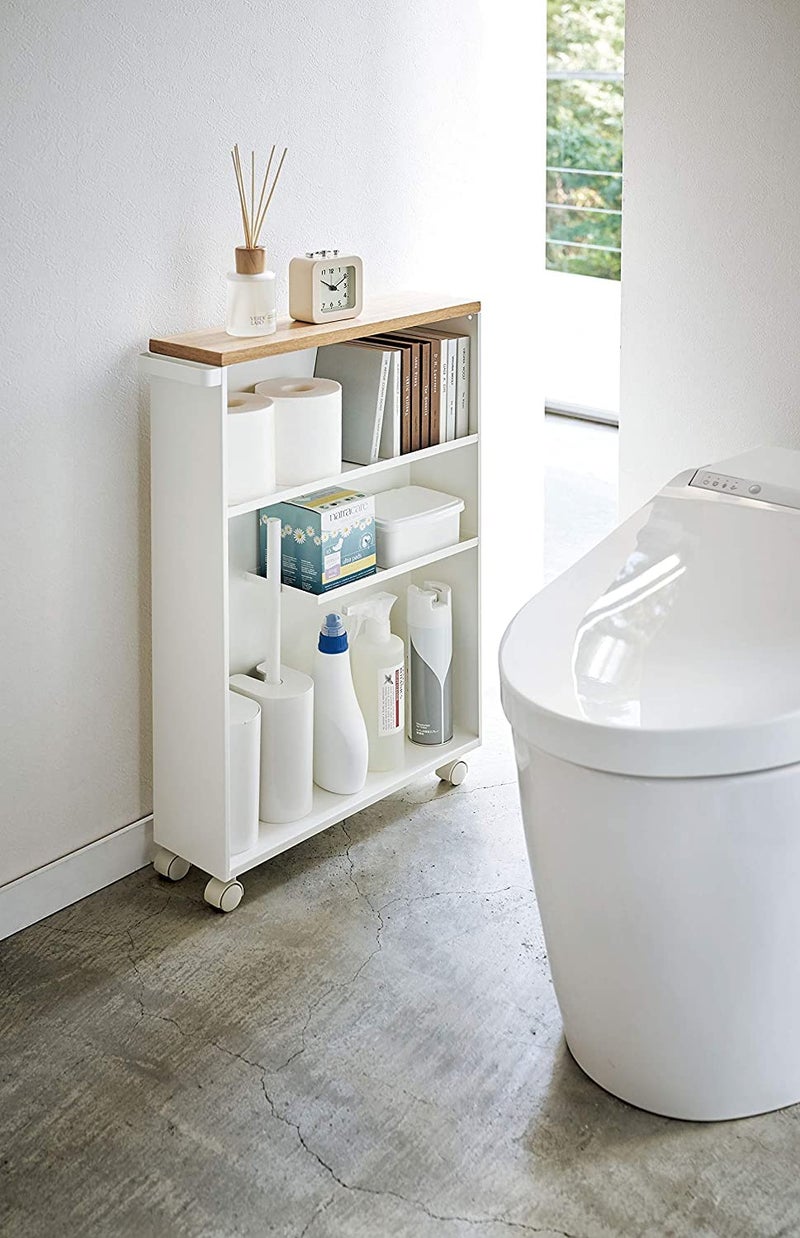 INDIAN DECOR INDIAN DECOR 38721 Rolling cartBlack Rolling Slim Bathroom Cart with HandleBathroom Storage Trolley Shelf with Wooden top White  - Image 2