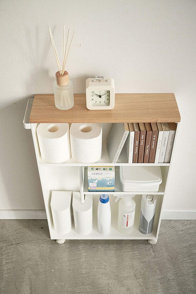 INDIAN DECOR INDIAN DECOR 38721 Rolling cartBlack Rolling Slim Bathroom Cart with HandleBathroom Storage Trolley Shelf with Wooden top White  - Image 4