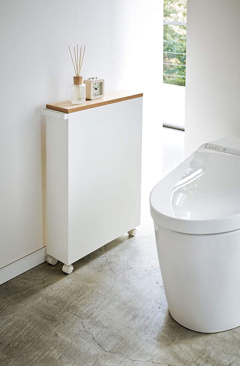 INDIAN DECOR INDIAN DECOR 38721 Rolling cartBlack Rolling Slim Bathroom Cart with HandleBathroom Storage Trolley Shelf with Wooden top White  - Image 3