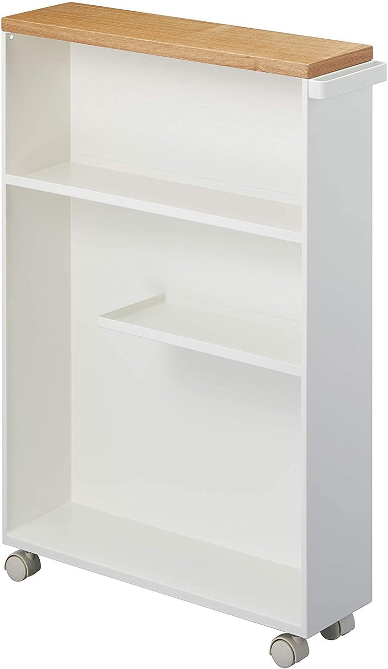 INDIAN DECOR INDIAN DECOR 38721 Rolling cartBlack Rolling Slim Bathroom Cart with HandleBathroom Storage Trolley Shelf with Wooden top White  - Image 1