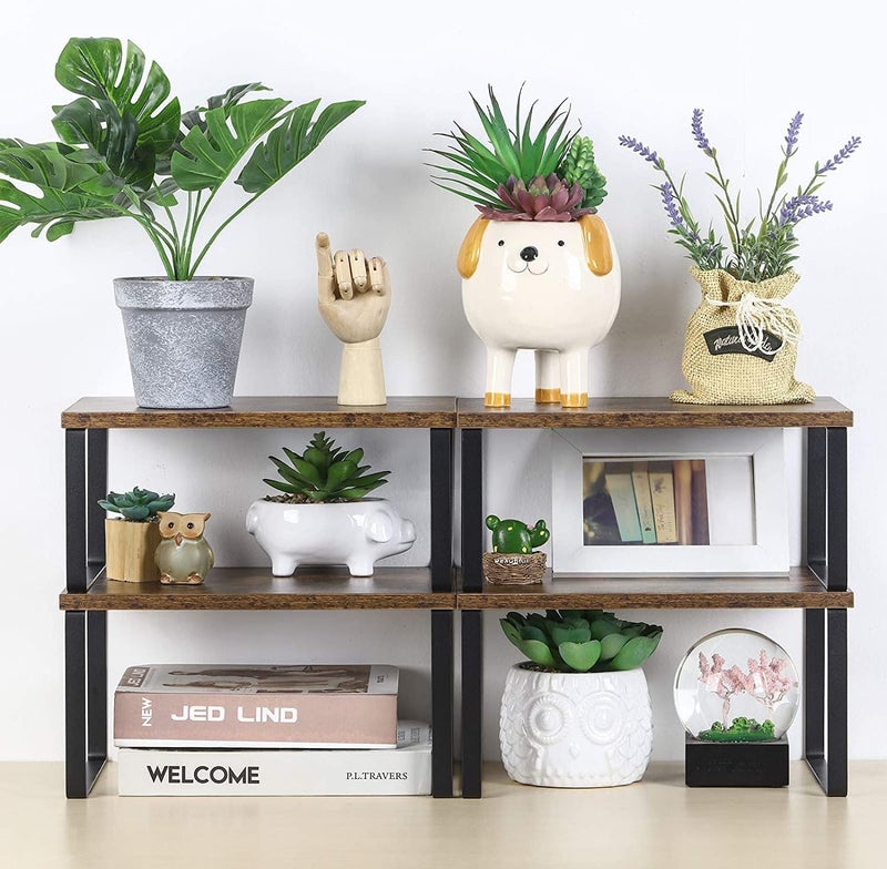 NEX منظم رفوف خزانة المطبخ ورفوف الطاولة من نيكسي، مجموعة قابلة للتكديس والتوسع من 4 قطع باللون الأسود والبني الريفي - Image 2