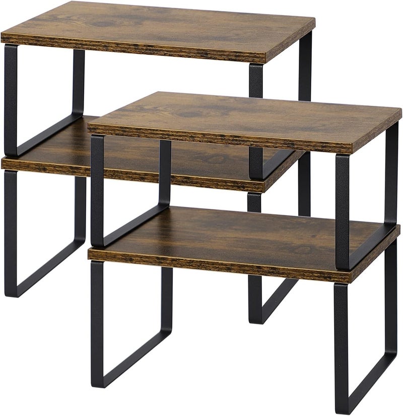 NEX منظم رفوف خزانة المطبخ ورفوف الطاولة من نيكسي، مجموعة قابلة للتكديس والتوسع من 4 قطع باللون الأسود والبني الريفي - Image 1