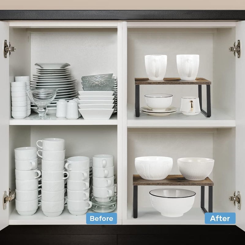 NEX منظم رفوف خزانة المطبخ ورفوف الطاولة من نيكسي، مجموعة قابلة للتكديس والتوسع من 4 قطع باللون الأسود والبني الريفي - Image 5