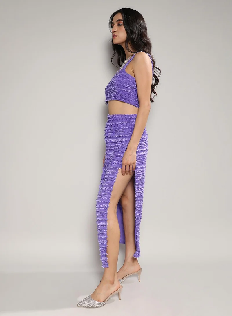 Pinacolada  Women's Amethyst Purple Fringe Striped Co-Ord Set for Women | Best Price UAE