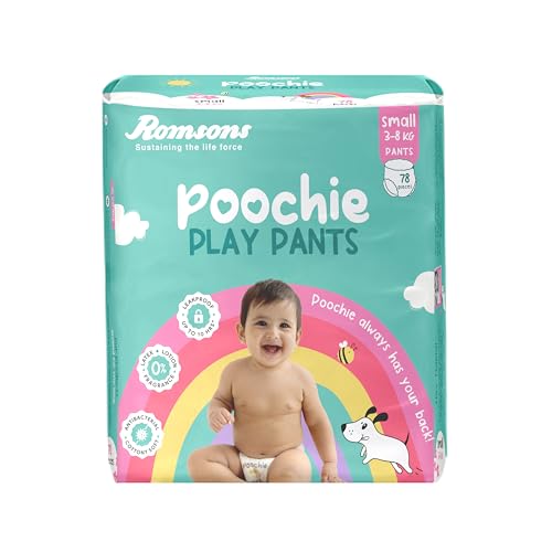 Romsons Poochie Play Pants Baby Diapers - S (78 Pieces) | Suitable for 3-8 KG | 360° Comfort Fit and Leakproof Upto 10 Hrs. - Image 1