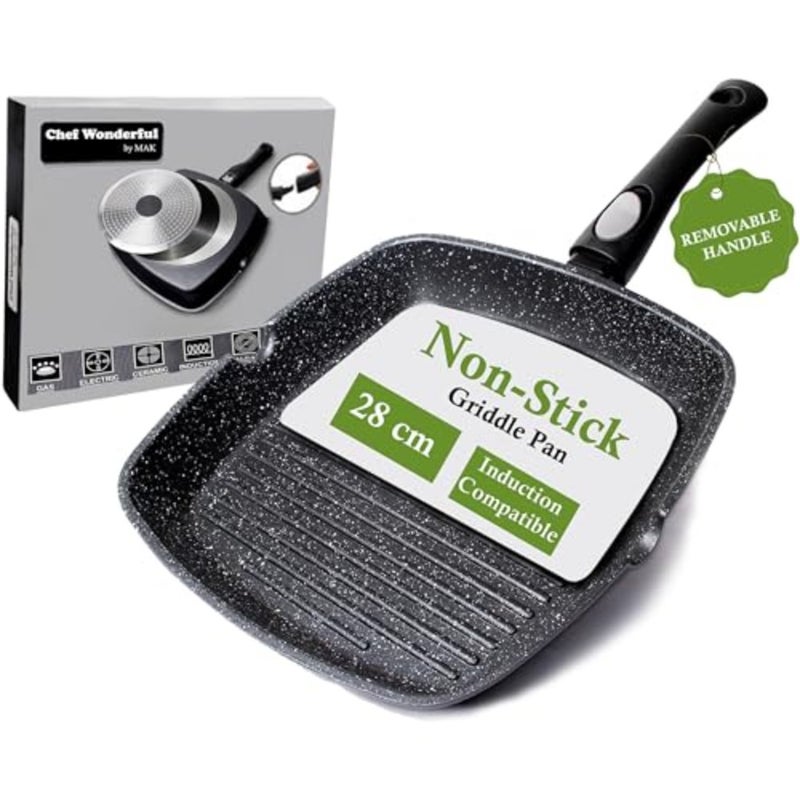Non-Stick Griddle Pan. Aluminium Steak Pan 28cm Marble Coating and Detachable Handle. Griddle Pan for Induction and Gas hobs. Induction Grill Pan for Oven - Image 1
