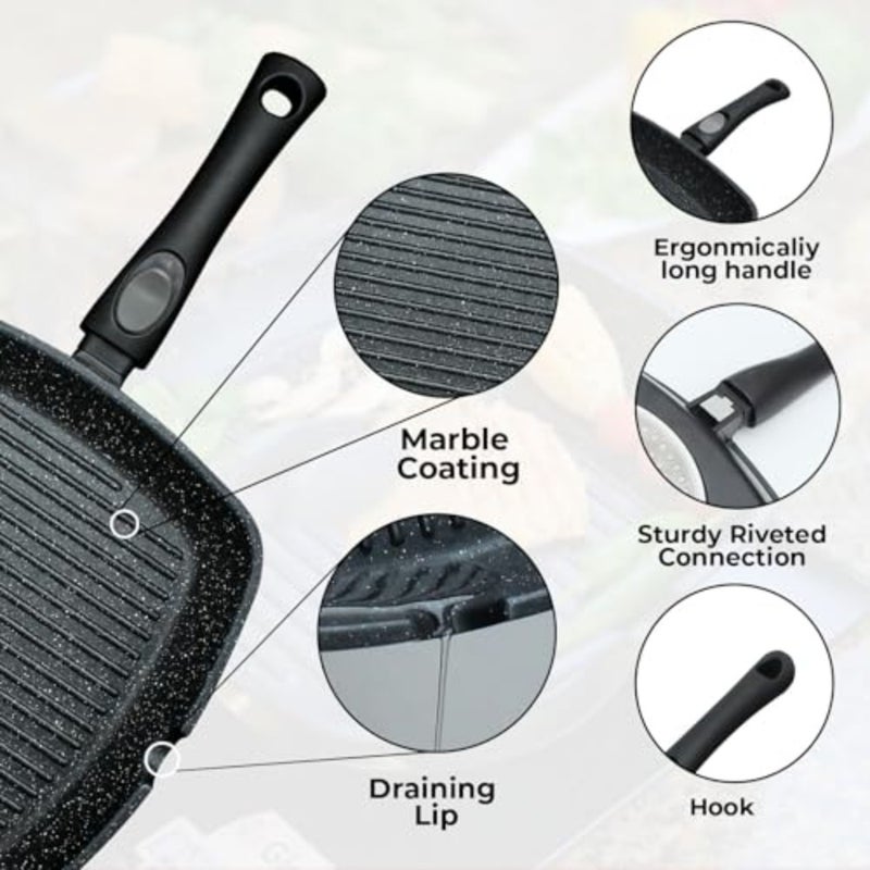 Non-Stick Griddle Pan. Aluminium Steak Pan 28cm Marble Coating and Detachable Handle. Griddle Pan for Induction and Gas hobs. Induction Grill Pan for Oven - Image 5