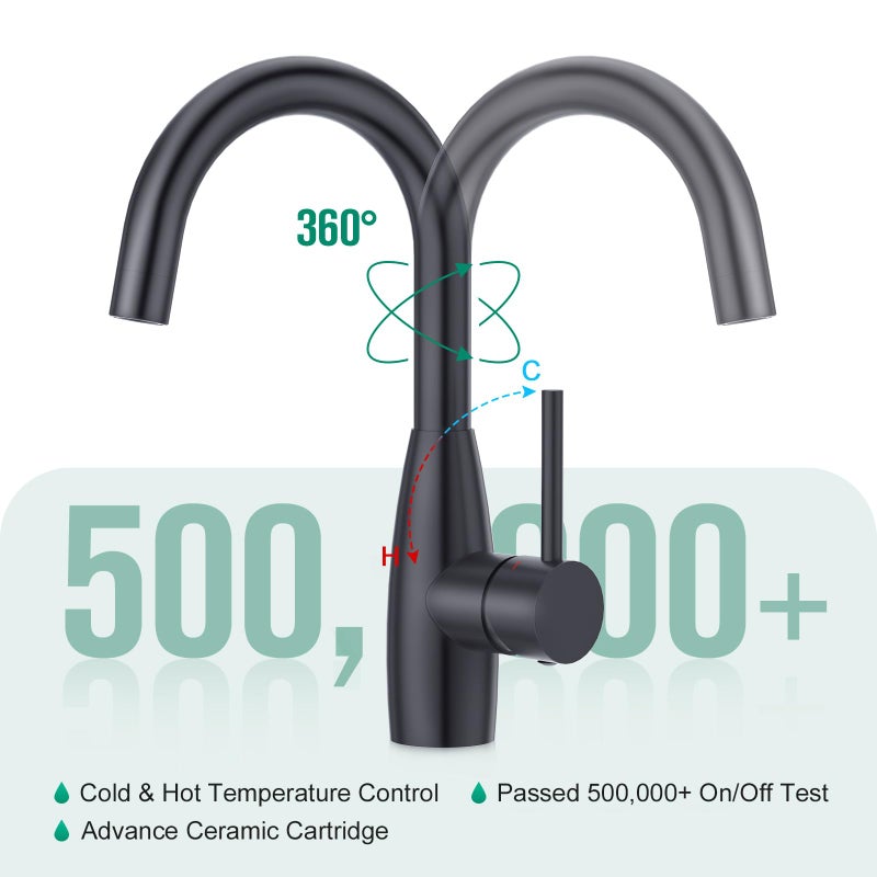 CREA Black Bar Sink Faucets Single Hole 1 Handle Small Kitchen Faucet Mini Wet Bar Faucet Outdoor RV Pre Sink Faucet Marine Faucet 360 Swivel High Arc Stainless Steel 3 Hole Deck Plate - Image 3