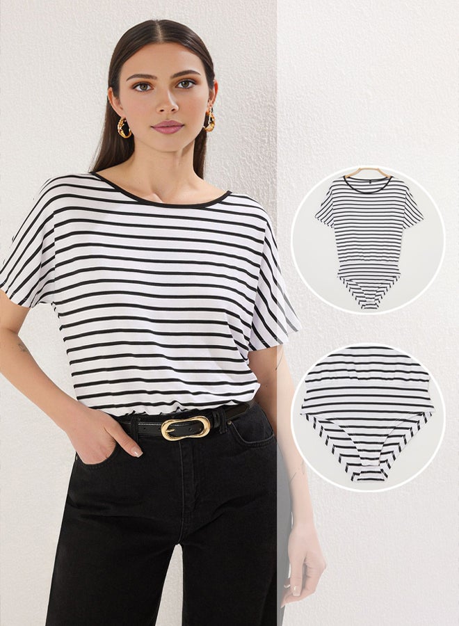 trendyol Black Striped Three Quarter Sleeve Relaxed/Comfortable Knitted Bodysuit with Snaps at the Bottom - Image 1