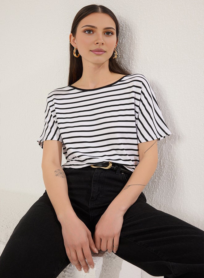 trendyol Black Striped Three Quarter Sleeve Relaxed/Comfortable Knitted Bodysuit with Snaps at the Bottom - Image 2
