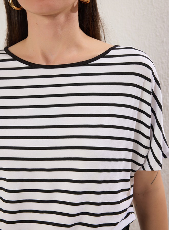 trendyol Black Striped Three Quarter Sleeve Relaxed/Comfortable Knitted Bodysuit with Snaps at the Bottom - Image 4