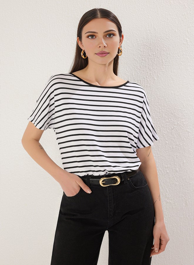 trendyol Black Striped Three Quarter Sleeve Relaxed/Comfortable Knitted Bodysuit with Snaps at the Bottom - Image 3