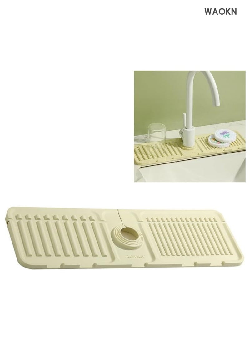 WAOKN Silicone Faucet Handle Drip Catcher Tray Mat, 5° Slope Kitchen Sink Splash Guard Mat Dish Soap Sponge Holder for Kitchen Sink Accessories Gadgets, Drying Mat for Kitchen Counter Bathroom (Beige) - Image 2