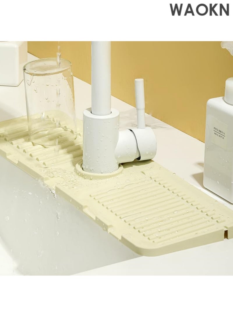 WAOKN Silicone Faucet Handle Drip Catcher Tray Mat, 5° Slope Kitchen Sink Splash Guard Mat Dish Soap Sponge Holder for Kitchen Sink Accessories Gadgets, Drying Mat for Kitchen Counter Bathroom (Beige) - Image 3