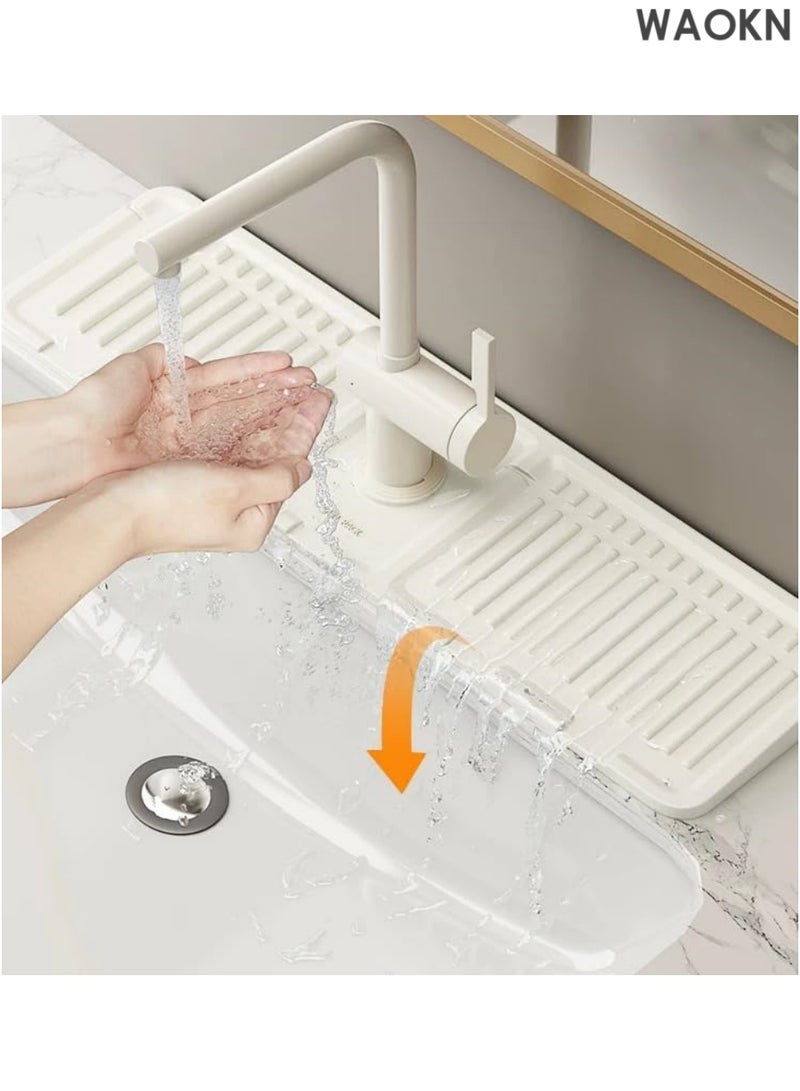 WAOKN Silicone Faucet Handle Drip Catcher Tray Mat, 5° Slope Kitchen Sink Splash Guard Mat Dish Soap Sponge Holder for Kitchen Sink Accessories Gadgets, Drying Mat for Kitchen Counter Bathroom (Beige) - Image 5