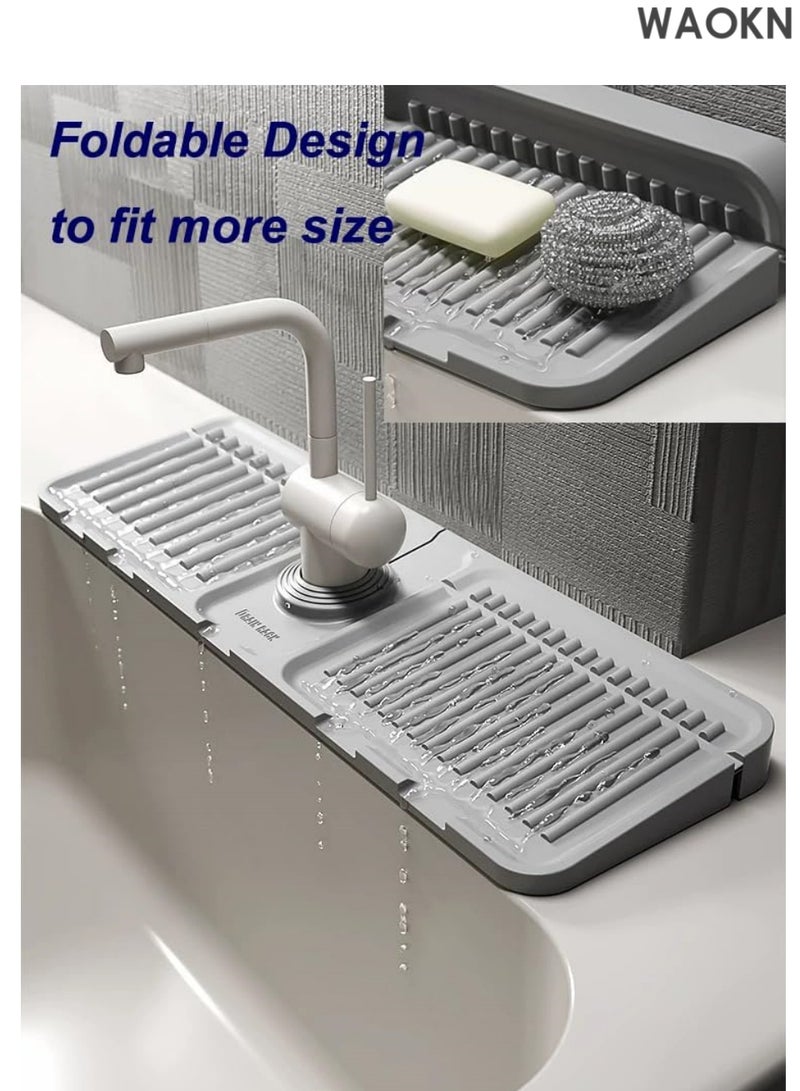 WAOKN Silicone Faucet Handle Drip Catcher Tray Mat, 5° Slope Kitchen Sink Splash Guard Mat Dish Soap Sponge Holder for Kitchen Sink Accessories Gadgets, Drying Mat for Kitchen Counter Bathroom (Beige) - Image 4