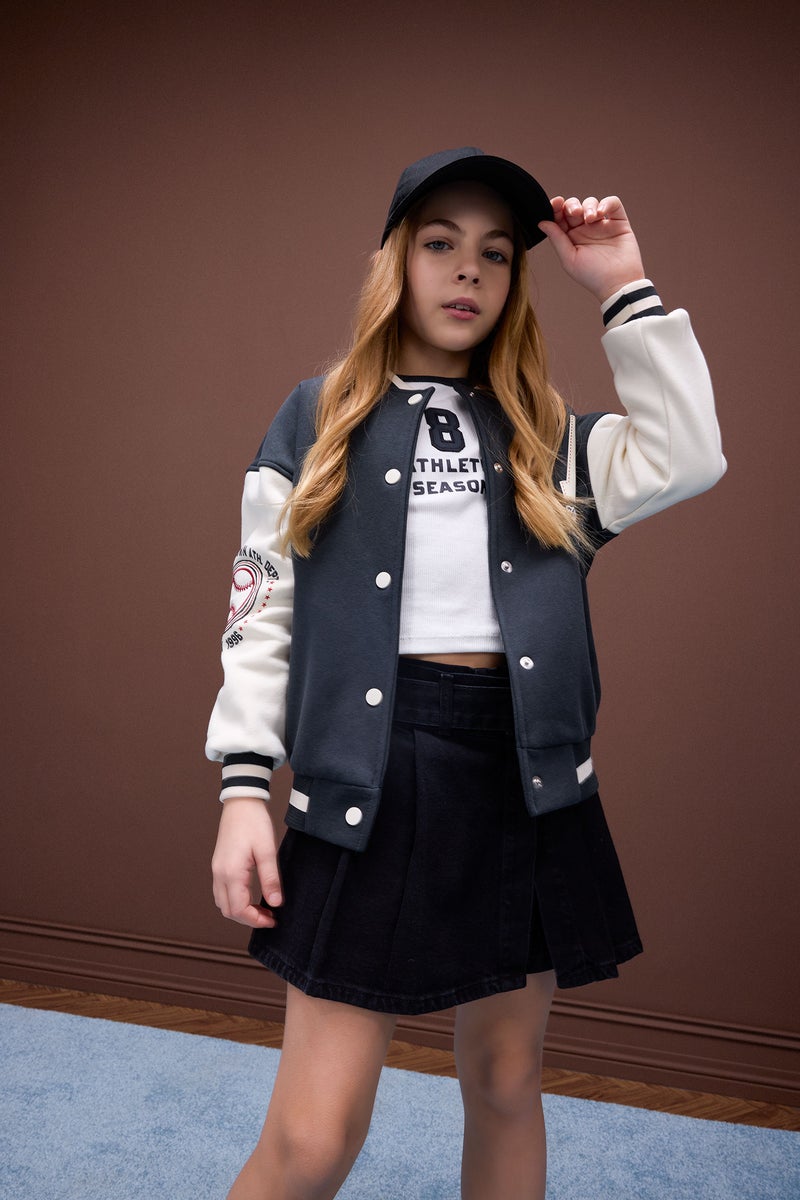 DeFacto Girl Printed College Collar Soft Furry Inside Bomber Jacket - Image 1