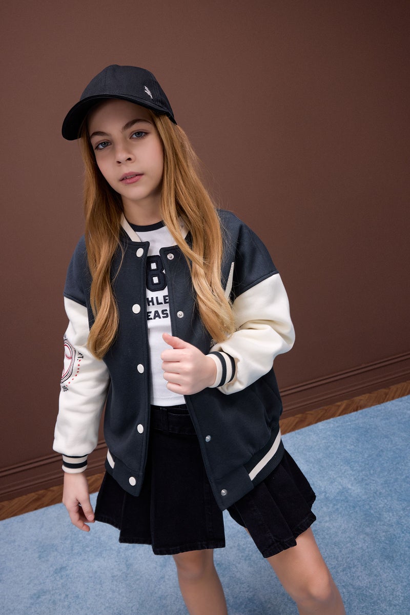 DeFacto Girl Printed College Collar Soft Furry Inside Bomber Jacket - Image 3