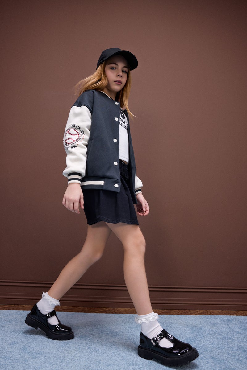 DeFacto Girl Printed College Collar Soft Furry Inside Bomber Jacket - Image 4