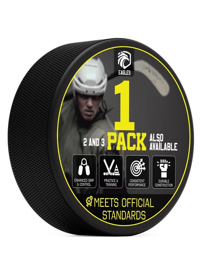 EAGLES Ice Hockey Pucks | High Grade Pucks Official Regulation Weight & Size for Practice & Classic Training - 6 oz Diameter 3" Thickness 1" Black Hockey Puck | Roller Hockey 1 Pack - Image 1