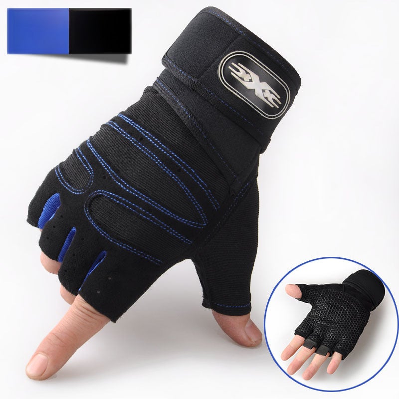 Extended Fitness Half-Finger Gloves with Wrist Support Wrist Bracer Half Finger Dark Blue 