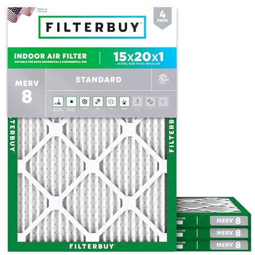 Filterbuy 15x20x1 Air Filter MERV 8 Essential Dust Allergy Defense 4Pack Electrostatic Pleated HVAC AC Furnace Filters Replacement Made in USA Actual Size 1450 x 1950 x 075 - Image 1