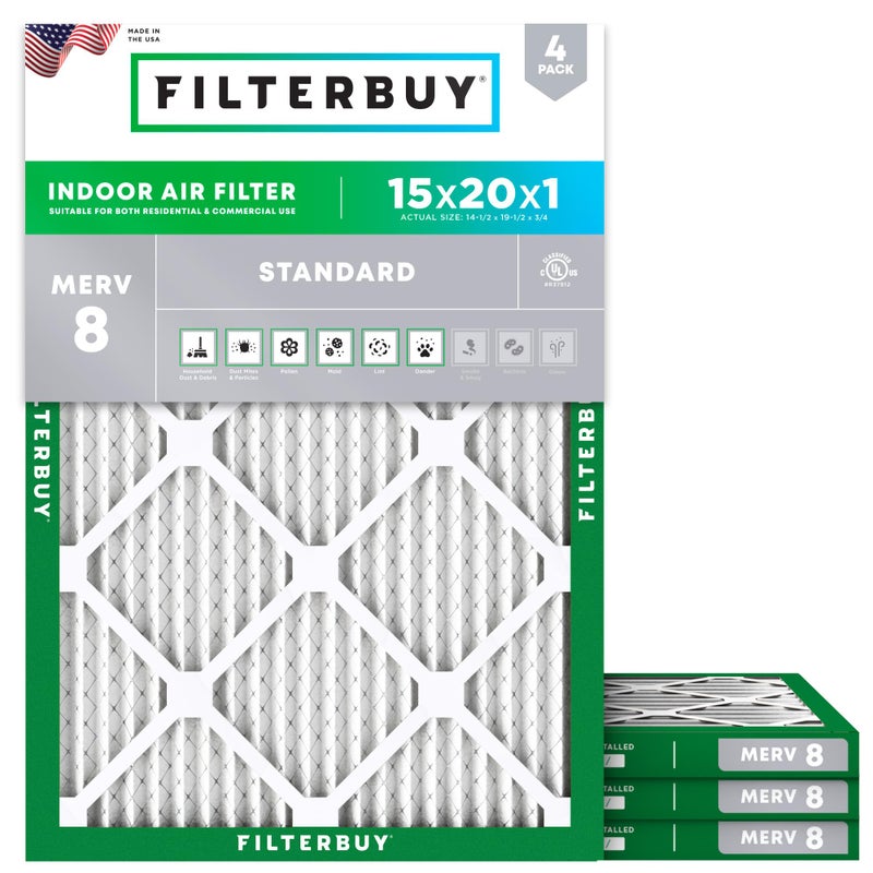 Filterbuy 15x20x1 Air Filter MERV 8 Essential Dust Allergy Defense 4Pack Electrostatic Pleated HVAC AC Furnace Filters Replacement Made in USA Actual Size 1450 x 1950 x 075 - Image 2