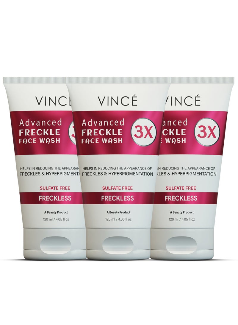 VINCE Advanced Freckle Face Wash - Pack of 3 – 3X Reduces Resistant Freckles & Dark Spots – Deep Cleanses, Brightens, Hydrates, and Removes Impurities for Clear, Glowing Skin – 120ml Each